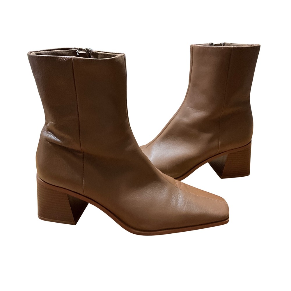 Tan Leather Square Toe Block Heel Ankle Boots Camel Brown Side Zip